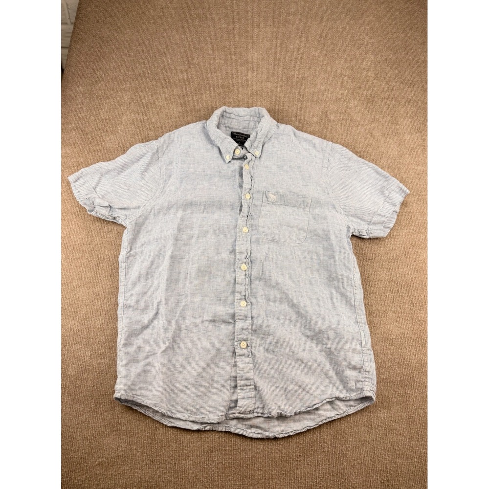 Abercrombie & Fitch 100% Linen Shirt Men's Large Blue White Striped Short Sleeve